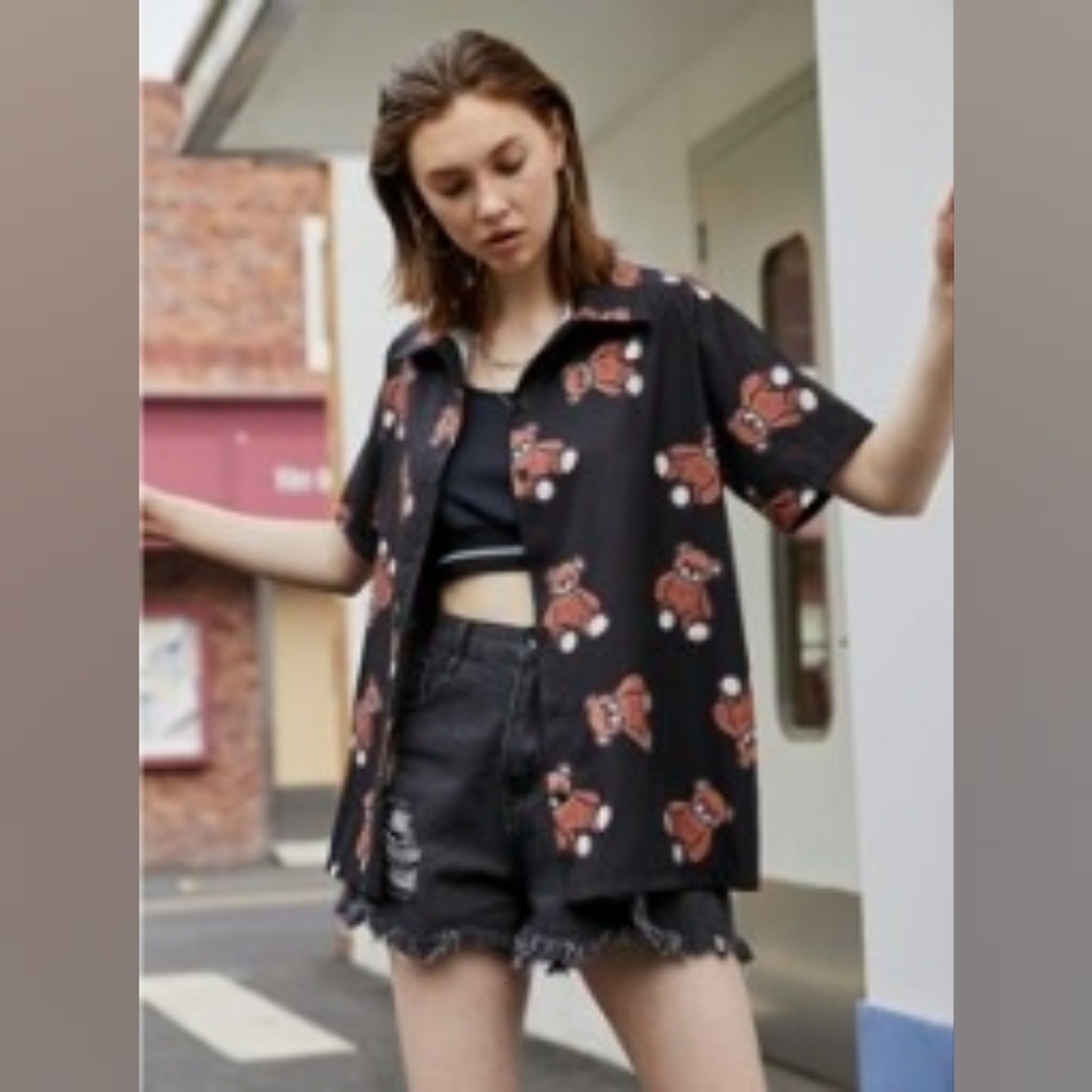 ROMWE Black Bear Print Button Down Shirt